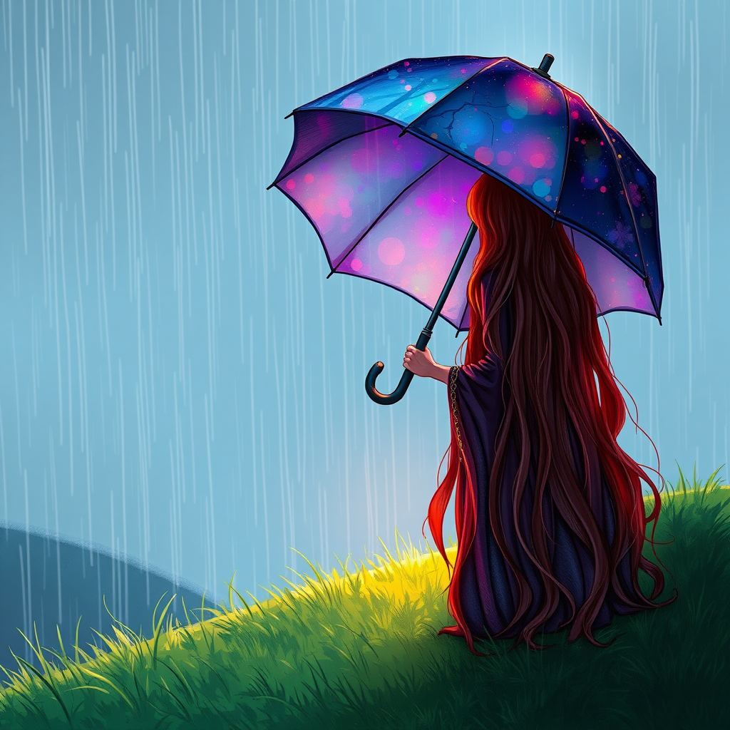 A surreal hand-drawn digital artwork depicting a mysterious red-haired woman standing on a grassy hill under the rain. She holds an umbrella crafted from iridescent zircon, its vibrant sheen contrasting with the soft, rainy atmosphere. The scene feels dreamlike, blending the natural elements of the hill and rain with the otherworldly shimmer of the umbrella.