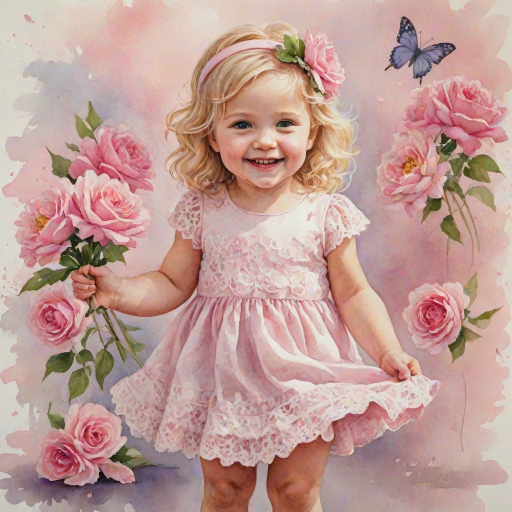 hyperrealism happy smiling toddler girl with messy wavy blonde hair with a headband, she is wearing a pink and white lace dress with pink and white shoes, she is holding a pink bouquet of flowers. Pink flowers and butterflies. summer background. Watercolor Highly detailed