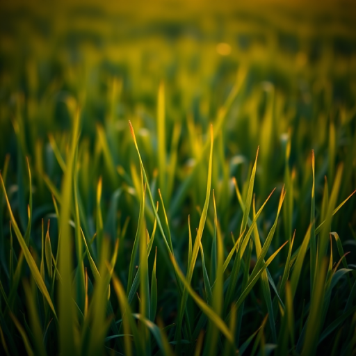 Generate a high-resolution image of a lush green grass field during sunset, with a shallow depth of field, shot at f/2.8, ISO 100, and a focal length of 50mm using a DSLR camera in landscape orientation.