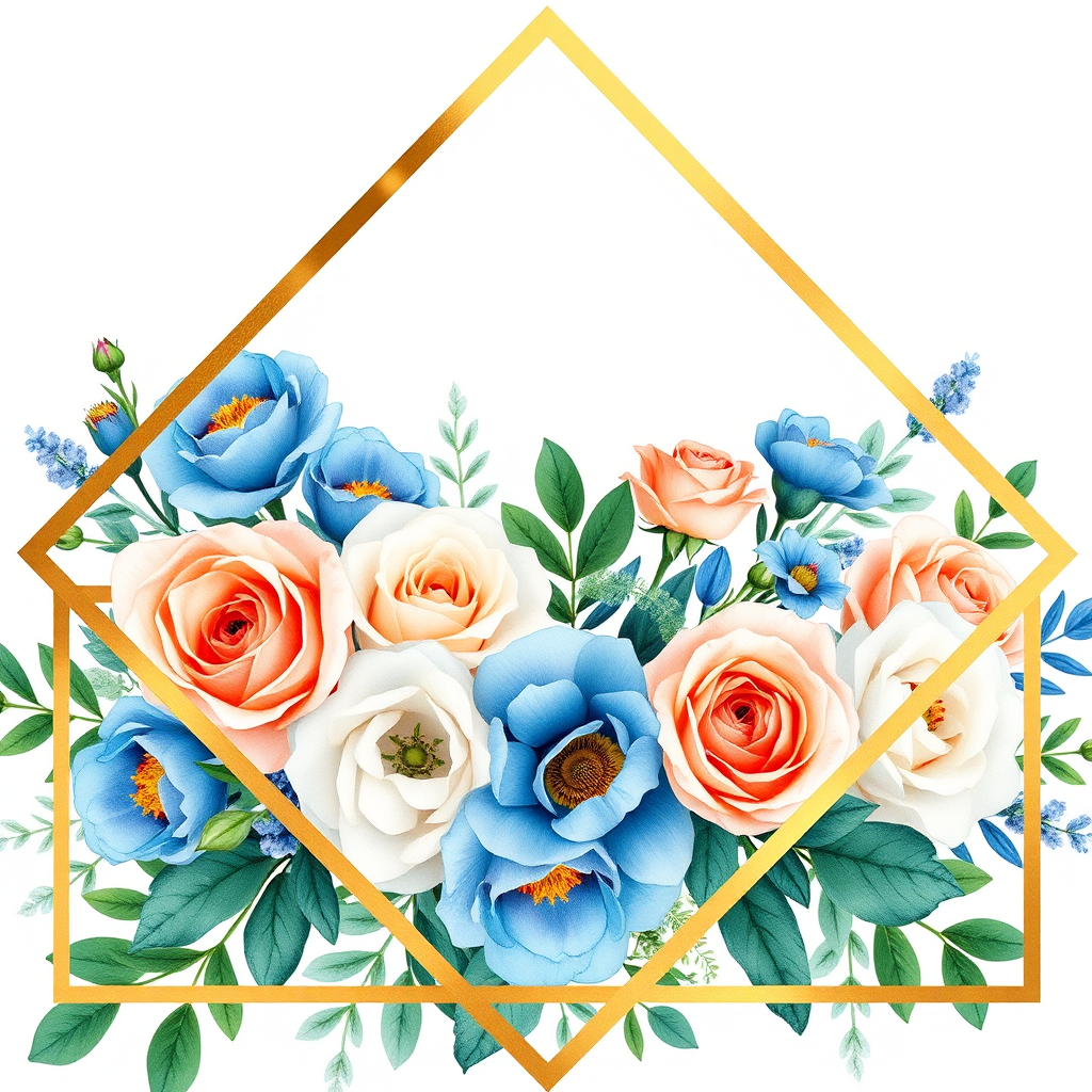 create a watercolor floral arrangement with blue and peach roses and greenery, framed by two overlapping golden geometric shapes, shot with a Canon EOS R5, 50mm lens, aperture f/2.8, ISO 100, natural light, high resolution