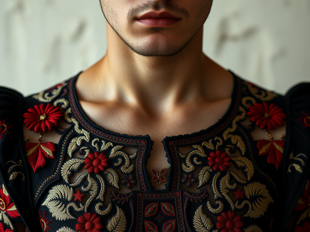 Face, shoulders, chest covered in openwork Sephardic embroidery. Raw, unedited image.