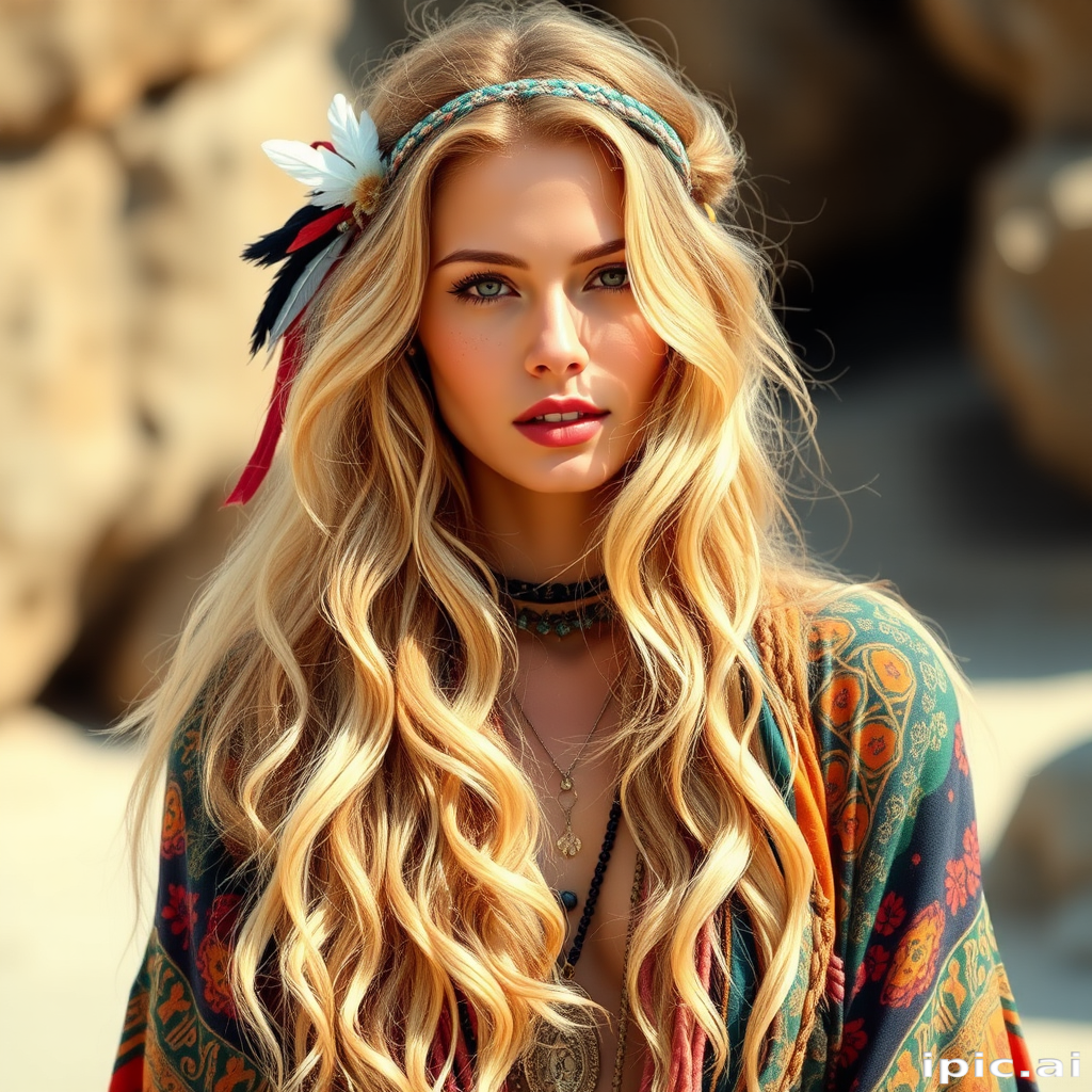 Bohemian free spirit with long, beachy waves in a sun-kissed blonde hue, adorned with colorful fabric wraps and feather accessories