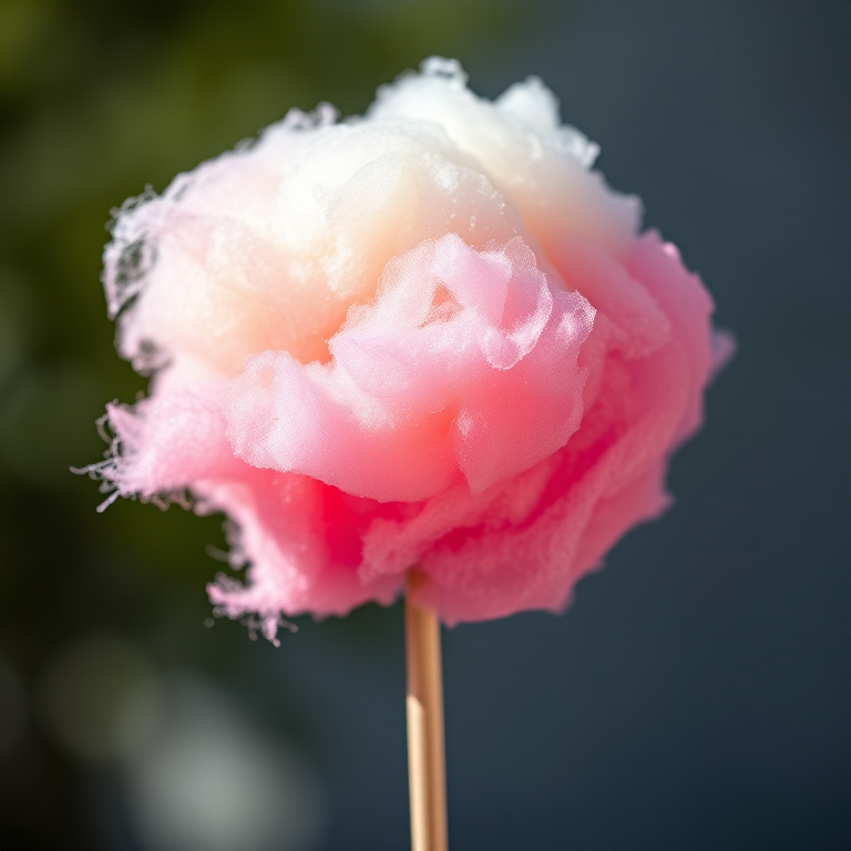 Create a high-resolution image of a stylized cotton candy on a stick with vibrant colors and a smooth texture, using a DSLR camera at f/2.8 aperture, 50mm lens, 1/200s shutter speed, and natural lighting to enhance the details and colors.
