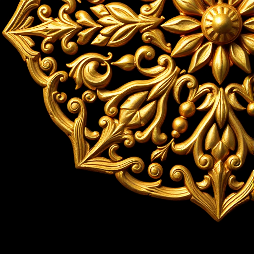 high-resolution image of a golden decorative element with intricate patterns, taken with a DSLR camera at f/2.8 aperture, ISO 100, 50mm lens, in a studio lighting setup, with a black background for contrast