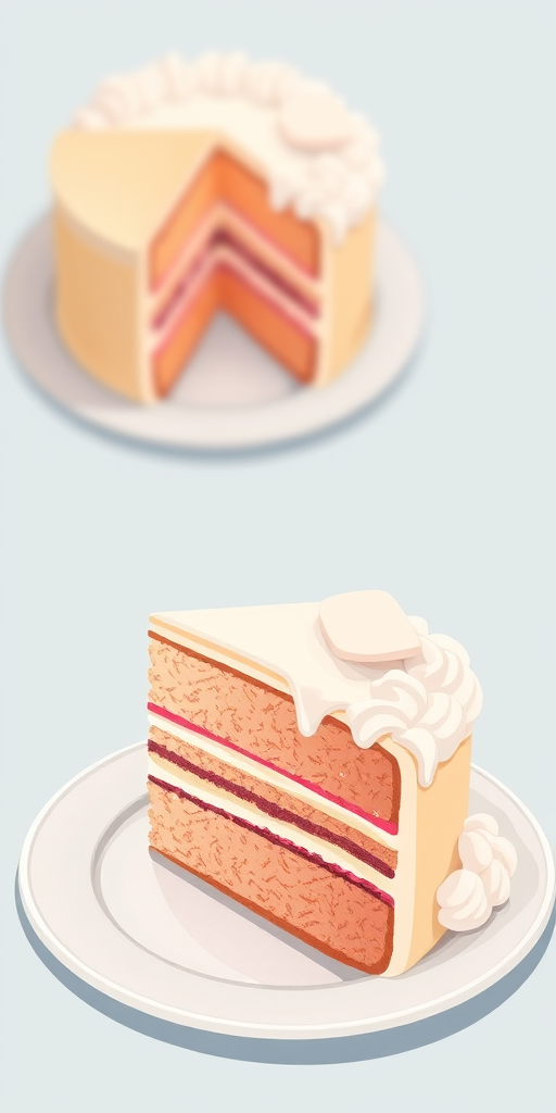 Illustration of a slice of layered cake with a side of icing, high-resolution, 50mm lens, f/2.8 aperture, soft focus background, flat lay style, digital illustration.