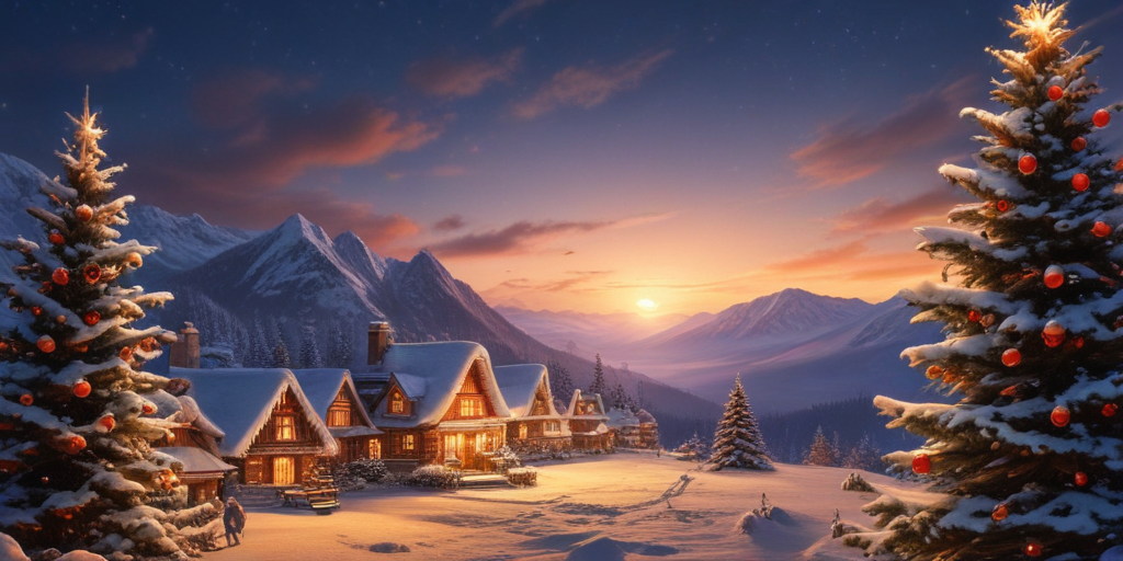 Cozy Winter Cabin Surrounded by Snowy Mountains and Festive Christmas Trees