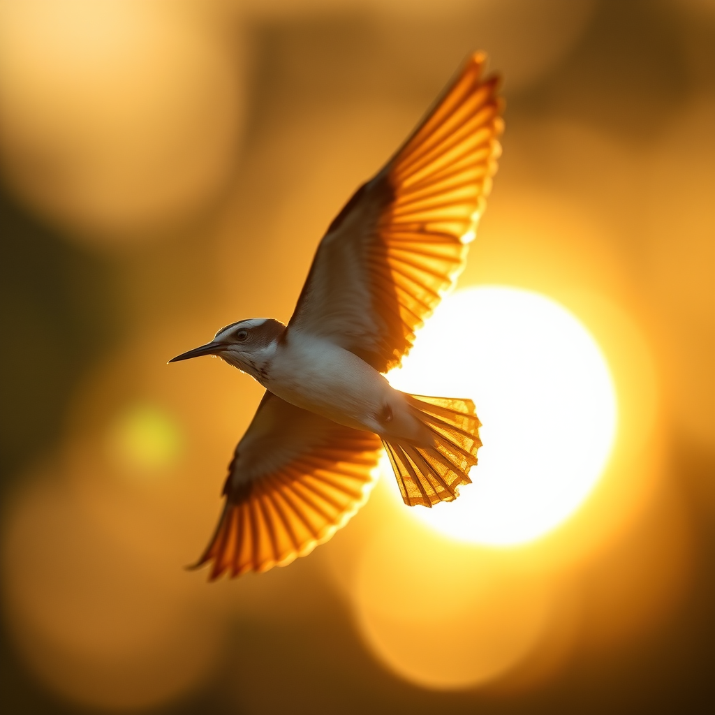Capture a flying bird in soft golden hour light with a shallow depth of field, using a 70-200mm lens at f/2.8, ISO 200, shutter speed 1/1000s, from a low angle with a wide aperture for a blurred background to enhance the subject.