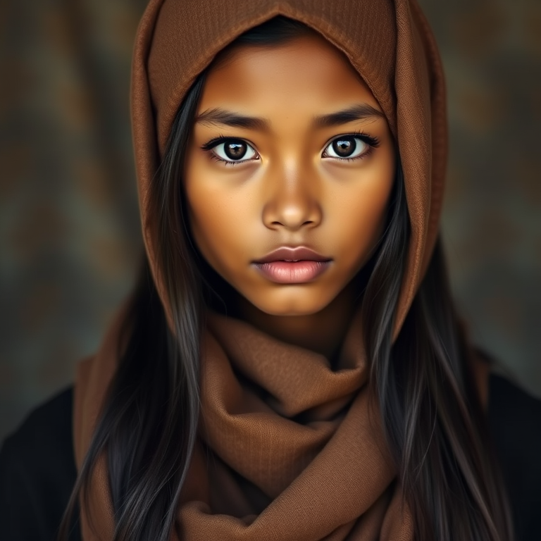 Create a portrait of a young Cambodian male with long, dark hair and captivating hazel eyes. She is wearing a brown headscarf and a matching scarf draped gracefully around her neck. The background is softly blurred, focusing attention on her serene and natural expression. The overall color palette is muted and warm, enhancing the intimate and authentic feel of the portrait.