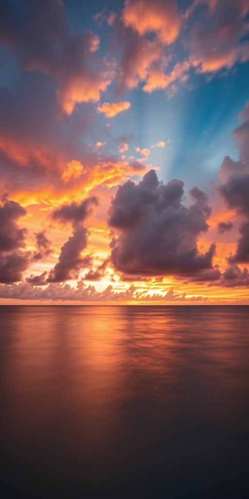 create a surreal landscape with dramatic clouds illuminated by a vibrant sunset reflecting on a calm ocean, long exposure, f/8 aperture, ISO 100, 24mm lens, soft focus, shot from a low angle to emphasize the horizon, using a DSLR camera