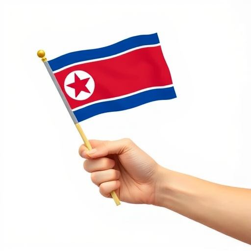 Create a high-resolution illustration of a hand holding the North Korean flag against a plain background, using a DSLR camera with a 50mm lens, aperture set to f/2.8, ISO 100, and shot from a slightly elevated angle to enhance depth and detail.