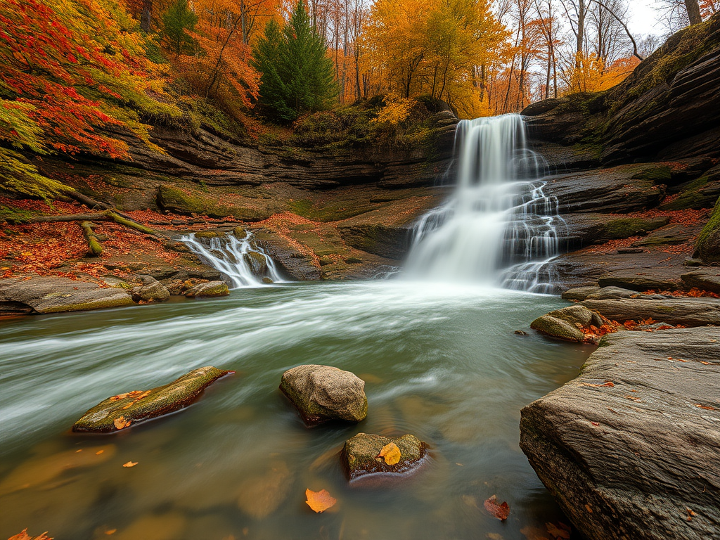 Generate a high-resolution image of a cascading waterfall surrounded by autumn foliage, captured with a Canon EOS R5, 24mm lens, f/11 aperture, ISO 100, at a 1/250 second shutter speed, in a wide-angle view to emphasize the landscape's beauty.