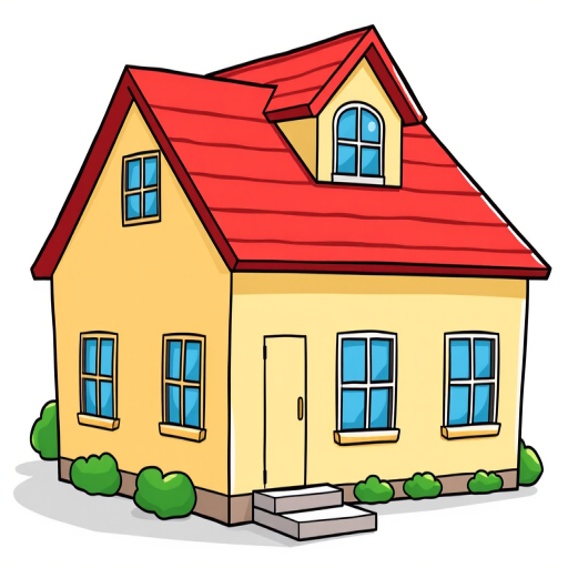 Illustrate a cartoon-style house with a light tan body, a red roof, and blue windows, using a wide-angle lens, aperture f/8, ISO 100, shot from a front view with a crisp, vibrant color palette and simplified lines.