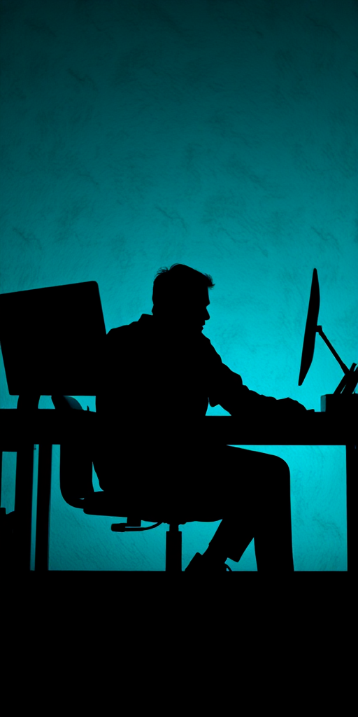 Create a detailed silhouette of a person sitting at a desk with a computer, set against a textured turquoise background, using a DSLR camera with a focal length of 50mm, aperture of f/1.8, ISO 200, and a low angle view to enhance depth and contrast.