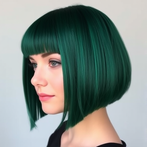 Deep emerald green hair styled in a sleek, chin-length bob with micro bangs, the Jade Precision cut radiates confidence and avant-garde sophistication