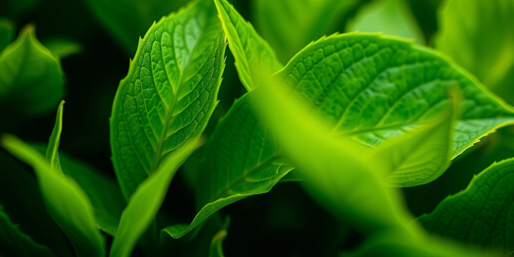 regenerate a close-up of vibrant green leaves with detailed texture, shallow depth of field, f/2.8 aperture, ISO 100, 50mm lens, taken in natural light, macro photography style, DSLR camera