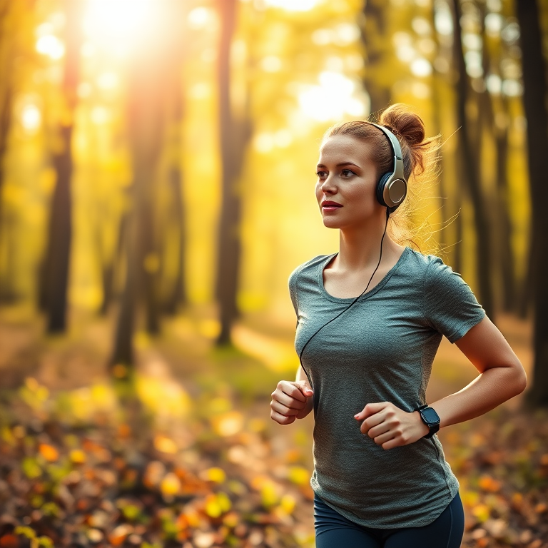 A young woman jogging in a forest wearing headphones, natural sunlight filtering through the trees, captured with a Canon EOS R5, 50mm lens, f/1.8, ISO 100, soft focus background to enhance depth, vibrant colors and warm lighting.