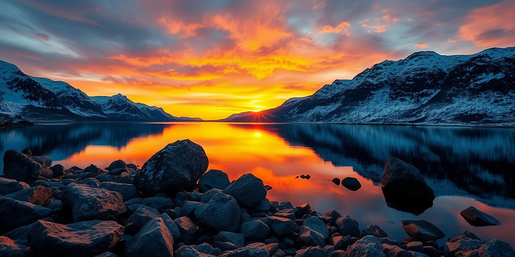 capture a dramatic sunset over snow-covered mountains reflecting in a calm fjord with rocky foreground, aperture f/11, ISO 100, shutter speed 1/60s, wide-angle lens, mounted on a DSLR camera, golden hour lighting for enhanced detail and contrast