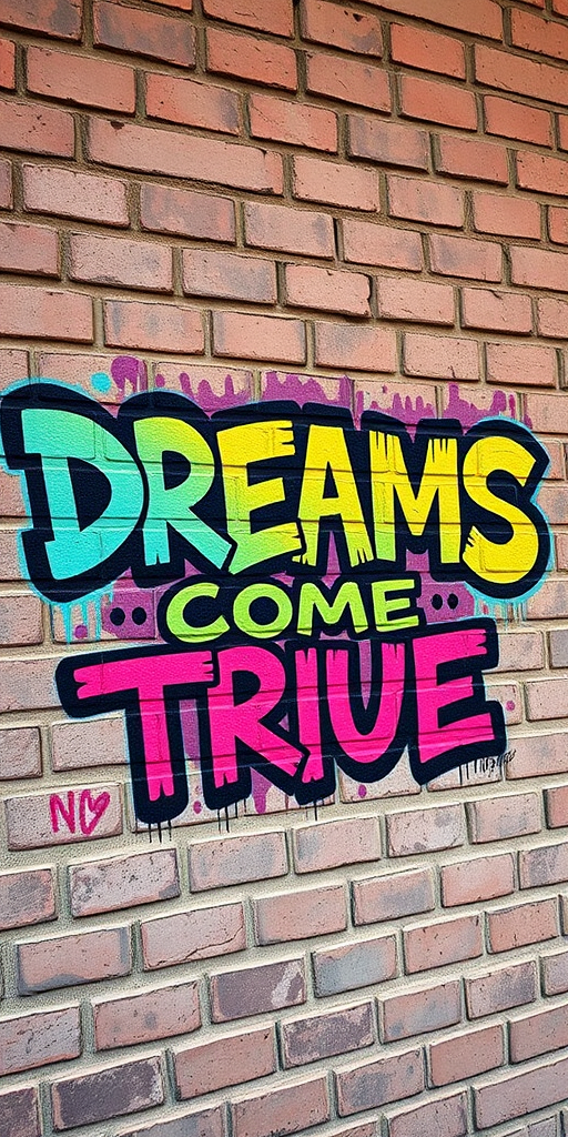 Create a high-resolution image of colorful graffiti text that reads "DREAMS COME TRUE" on a textured brick wall, using a DSLR camera with a 50mm lens, f/1.8 aperture, ISO 100, and a shallow depth of field for a vibrant and clear background.