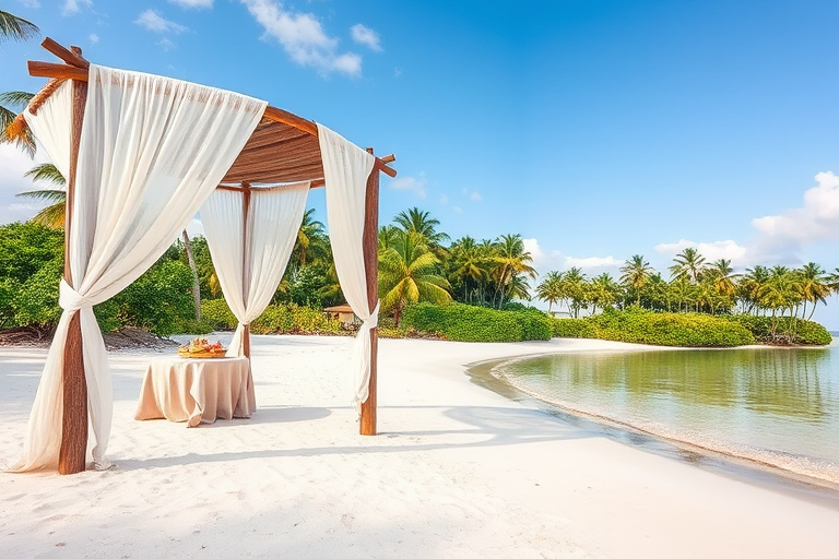 Create a picturesque tropical beach scene featuring a serene, white sandy shore. In the foreground, there's a rustic wooden canopy with white drapes gently flowing in the breeze. Underneath the canopy, a table is set with tropical decor, evoking a sense of relaxation and leisure. The beach extends into a calm, shallow water area with reflections of the sky and surroundings. Palm trees and lush greenery line the edge of the beach, providing a natural, tropical backdrop. The sky is clear with a few scattered clouds, and the overall atmosphere is tranquil and inviting, perfect for a peaceful retreat.