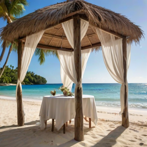 Create a picturesque tropical beach scene featuring a serene, white sandy shore. In the foreground, there's a rustic wooden canopy with white drapes gently flowing in the breeze. Underneath the canopy, a table is set with tropical decor, evoking a sense of relaxation and leisure. The beach extends into a calm, shallow water area with reflections of the sky and surroundings. Palm trees and lush greenery line the edge of the beach, providing a natural, tropical backdrop. The sky is clear with a few scattered clouds, and the overall atmosphere is tranquil and inviting, perfect for a peaceful retreat.