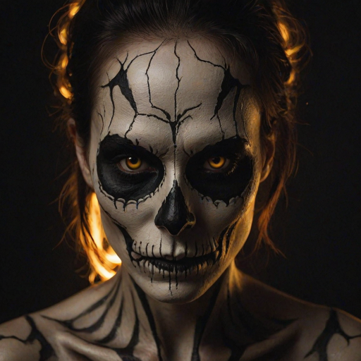 Create image featuring a close-up of a face painted like a skull. The skin is predominantly white with textured, cracked paint. The eye sockets are painted black, blending into the natural shadows of the eyes, creating a deep, hollow look. Bright, intense golden-yellow lights radiate from the eyes, casting a warm glow that contrasts with the cold, esoteric background. The nose is painted black in the shape of a spade. The mouth area features black lines extending from the corners, resembling a stitched effect. The face has sporadic black hair strands that frame it dramatically, adding to the eerie yet captivating feel. The background is blurred and dark, enhancing the focus on the face. Small, glowing orange embers are scattered sporadically across the image, contributing to the mysterious and magical atmosphere. The overall style is hyper-realistic with an emphasis on the contrast between light and dark elements, giving it an almost supernatural