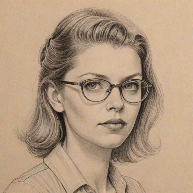 Lovely Amber Benson, pencil sketch, portrait of Graceful woman 1942s in glasses, hair style beatnik, outline, clear lines, fine lines, 8k