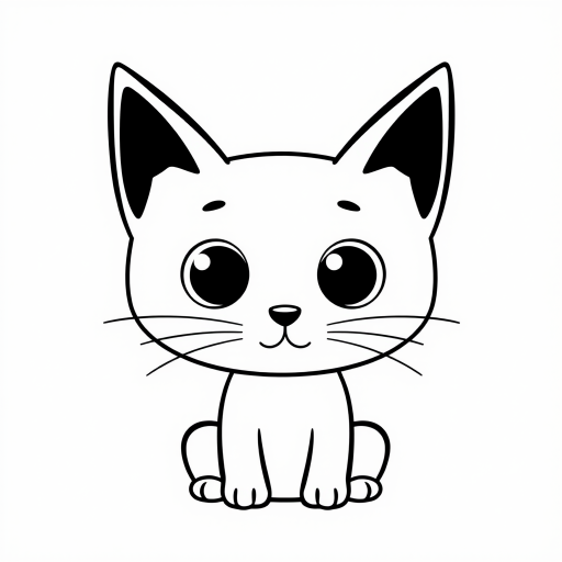 Create a black and white minimalist illustration of a cat. The cat should have large, round eyes and a simplistic, cartoonish style. Its ears should be tall and pointed, and its whiskers should be simple lines extending from its face. The background should be plain white to emphasize the cat's silhouette.