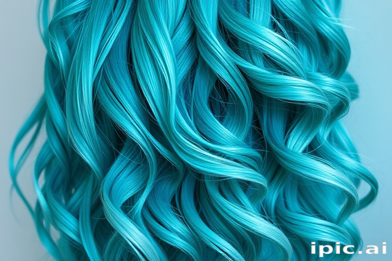 Vibrant teal mermaid waves cascading down to the waist, shimmering with iridescent highlights, styled in loose beachy curls called "Ocean's Whisper" exuding a carefree and ethereal vibe