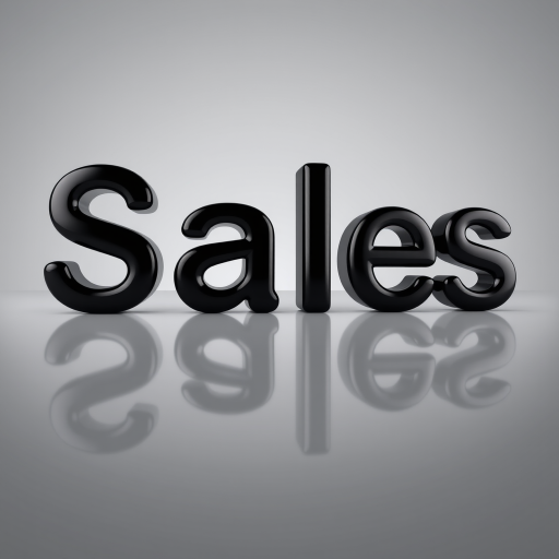 Create a 3D image with the word "Sales" in glossy black letters, reflecting on a smooth gray surface, using a lens aperture of f/2.8, a shutter speed of 1/60s, a focal length of 50mm, and a depth of field effect in a soft, diffused lighting style with a Canon EOS 5D.