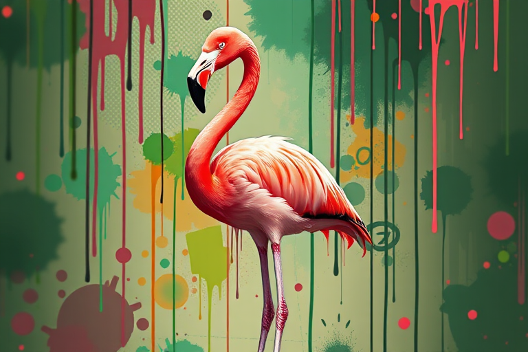 Create an artistic illustration of a flamingo standing gracefully with vibrant pink and green colors, featuring drips and abstract patterns in the background, captured with a DSLR camera at f/2.8 aperture, ISO 100, 50mm lens, in a soft focus style for enhanced detail and contrast.