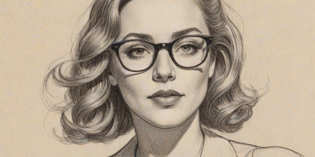 Resplendent Andrea Bowen, pencil sketch, portrait of Attractive woman 1935s in glasses, hair style beatnik, outline, clear lines, fine lines, 8k