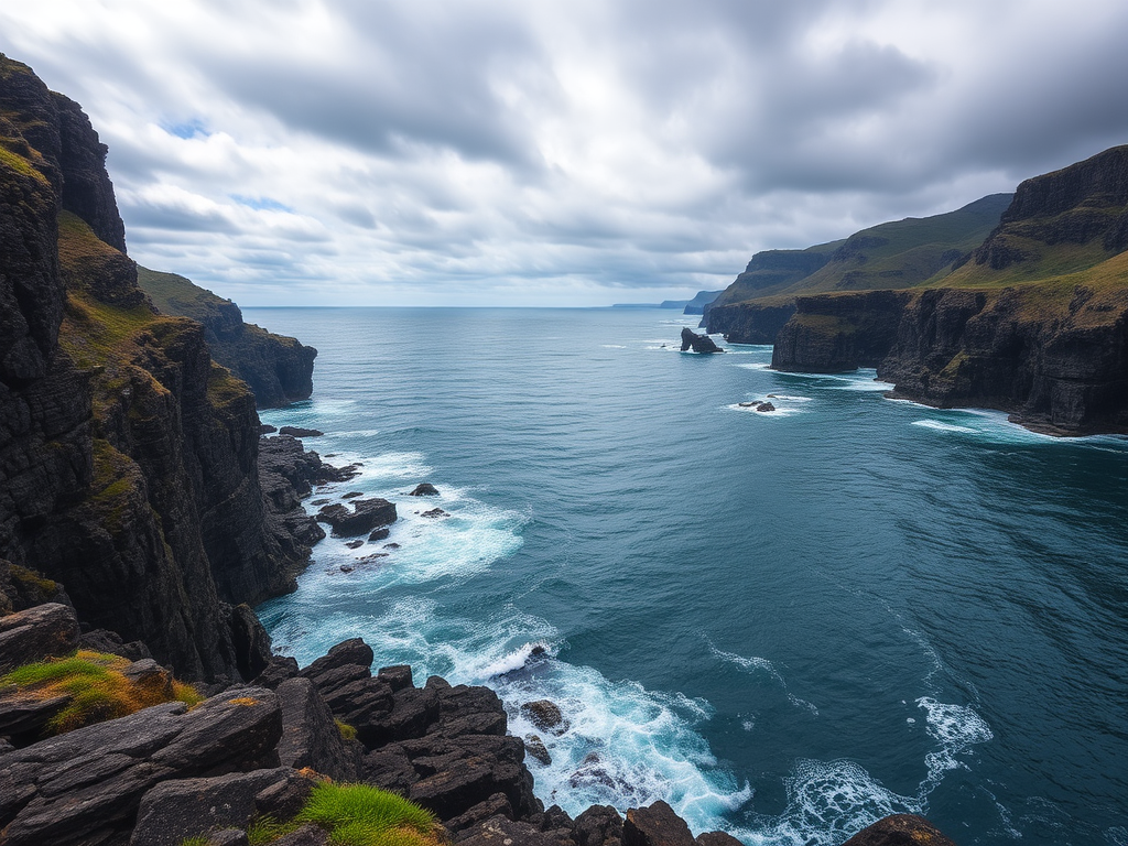 Capture a dramatic seascape of a rugged coastline with cliffs, featuring a turbulent sky and tranquil waters, using a DSLR camera at f/8, 1/125s, ISO 100, shot from a high angle to emphasize the curves of the shore and the contrast between land and sea.