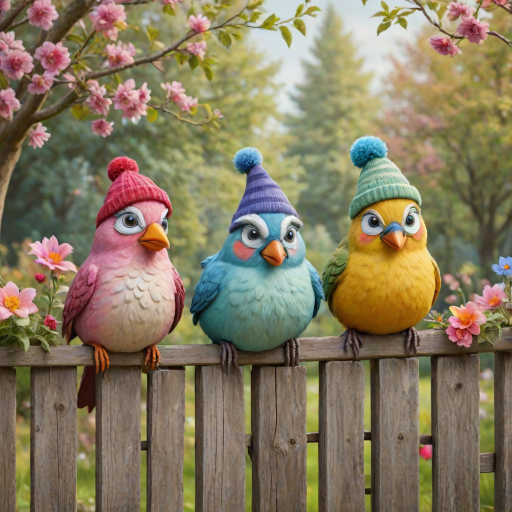 create a scene of 4 quirky  whimsical colourful comical birds each with a funny expression. they are sat on a wooden fence with colourful flowers. they are all different sizes. each one is a different colour  one is wearing a woolly hat. Each one has a different quirky google expression and there is a muted background of trees watercolour paintierly style high definition 8k resolution 3D paper mache
