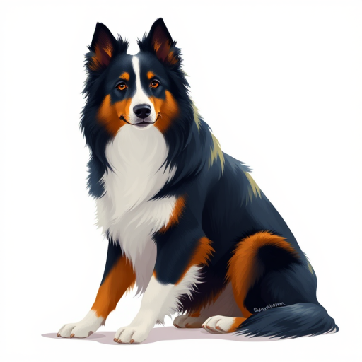 Create a high-resolution digital illustration of a collie dog sitting gracefully, with a glossy finish and vibrant colors, captured with a Canon EOS 5D Mark IV, using a 50mm f/1.4 lens, at ISO 100, aperture f/2.8, in soft natural lighting.