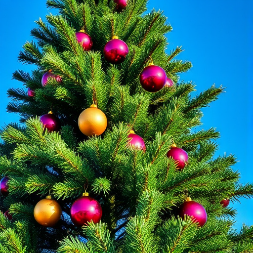 Generate an image of a lush green Christmas tree adorned with colorful ornaments. The tree should be set against a clear blue sky, with vibrant red, purple, and gold baubles hanging from its branches. The scene should convey a festive atmosphere, emphasizing the beauty of the tree and the decorations.