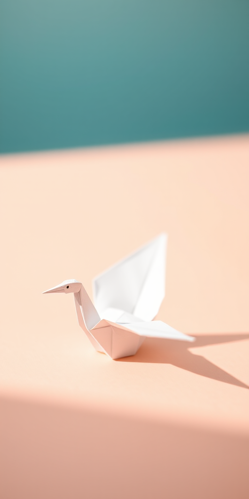 photograph of a white origami crane on a peach-colored surface with a light blue background, soft natural lighting, shallow depth of field, 50mm lens, f/2.8 aperture, ISO 100, tripod-mounted, high-resolution DSLR camera