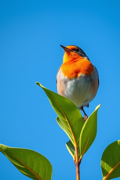 Capture a vibrant robin perched atop a green leaf, singing against a clear blue sky, using a Canon EOS 90D with a 50mm lens, aperture set to f/2.8, ISO 100, shutter speed at 1/500s, in natural light to enhance color and detail.