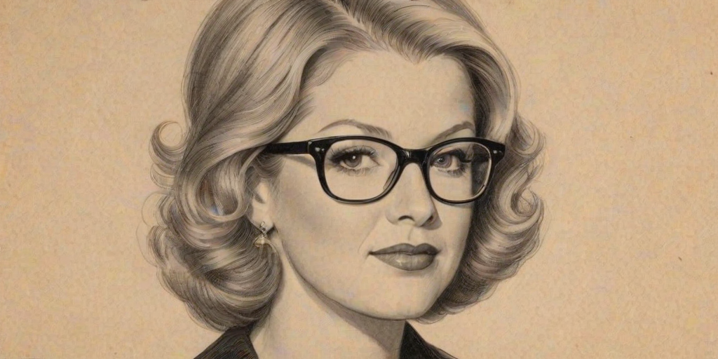 Splendid Mary Hart, pencil sketch, portrait of Pleasing woman 1932s in glasses, hair style beatnik, outline, clear lines, fine lines, 8k