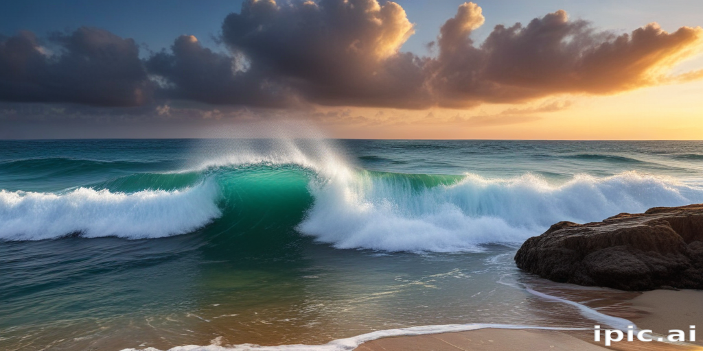 Majestic Ocean Waves Crashing on the Shore at Sunset's Golden Hour
