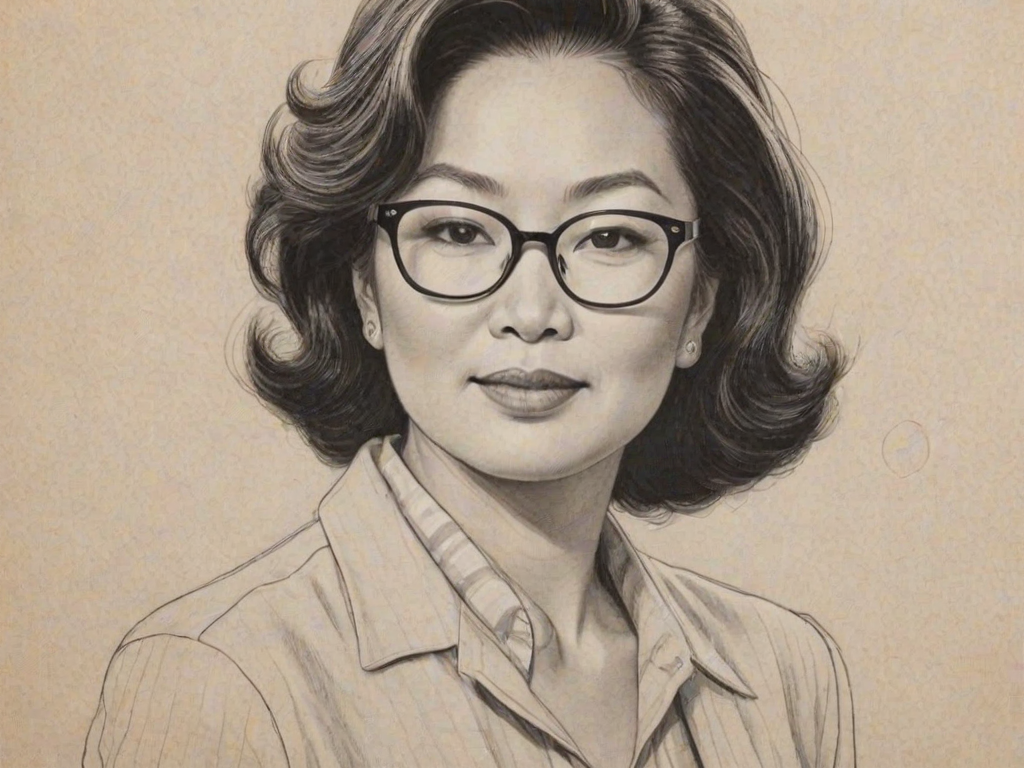 Radiant Connie Chung, pencil sketch, portrait of Stunning woman 1944s in glasses, hair style beatnik, outline, clear lines, fine lines, 8k