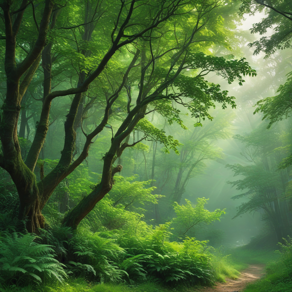 A Serene Pathway Through a Lush, Misty Green Forest Landscape.