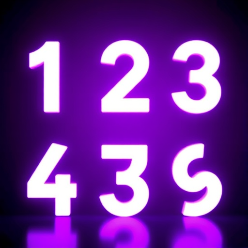 Create an image of glowing numbers 0 to 9 in a modern digital style against a dark purple background, using a Canon EOS R5 with a 50mm f/1.2 lens, aperture set to f/2.8, 1/100s shutter speed, and ISO 200, capturing a sharp, high-contrast view with a slight bokeh effect.