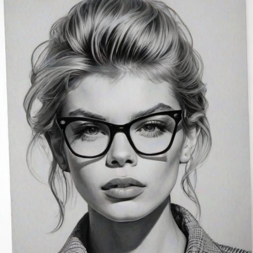 Stunning Stella Maxwell, pencil sketch, portrait of Bewitching woman 1964s in glasses, hair style beatnik, outline, clear lines, fine lines, 8k