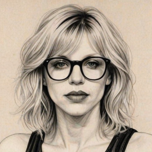 Captivating Courtney Love, pencil sketch, portrait of Captivating woman 1978s in glasses, hair style beatnik, outline, clear lines, fine lines, 8k