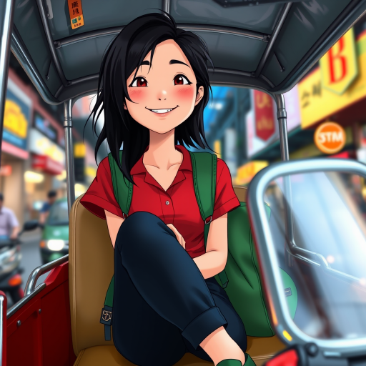 Cartoon Movie​ scene, a 18yr kindness grin Japanese woman,oval face , mullet medium long messy black side hair, wear a red shirt ,black jeans ,navy slip-on​,with green backpack, relax​ sitting on a seat in a thai tuk-tuk, tuk-tuk a silver metal roof that reflects light, There are blurred street lights and shops Chinatown Bangkok in the background.