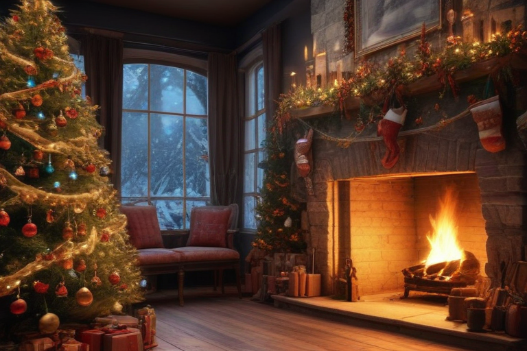 A Cozy Christmas Scene with a Glowing Fireplace and Decorated Tree.