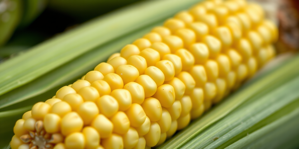 Close-up shot of fresh corn on the cob with green husks, taken with a Canon EOS R5, f/2.8 aperture, 50mm lens, ISO 100, natural lighting, shallow depth of field for a soft background.