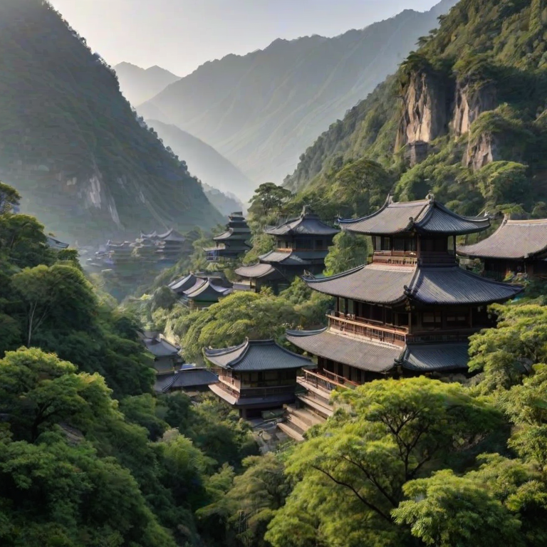An ancient Asian architectural complex nestled in a tranquil valley, featuring buildings with traditional East Asian characteristics, including upturned eaves and black tiled roofs. The surrounding area is lush with dense trees and green vegetation, complemented by rocks and mountains, creating a serene and mystical atmosphere. The complex consists of several houses arranged orderly at different elevations, with stone-paved paths winding up the slopes. Distant peaks are faintly visible through the mist, adding a touch of ethereal beauty. The scene is bathed in soft light, giving it an air of timeless tranquility where time seems to slow down.