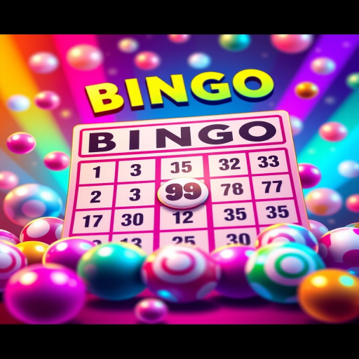 Create a vibrant illustration of a colorful bingo card with shiny bingo balls scattered around it, using a DSLR camera with a 50mm lens, aperture set to f/2.8, ISO 100, and a shallow depth of field to enhance the details and colors.