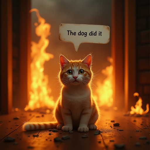 Photorealistic image of an innocent-looking cat sitting calmly in the middle of a burning room. Flames engulf the room, with fire licking up the walls and smoke filling the air. The cat is sitting on the floor, looking directly at the viewer with wide, innocent eyes. Above the cat, a speech bubble says "The dog did it". The contrast between the cat's calm demeanor and the chaos around it creates a humorous and surreal scene.